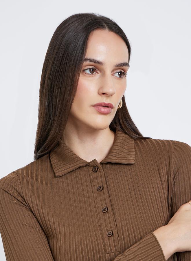 Styli Fitted Ribbed Long Sleeve Polo T-Shirt - Image 3